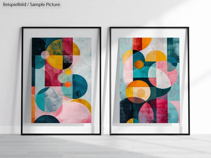 Pair of abstract geometric art prints in bold circles and rectangles with vibrant colors including pink, blue, and yellow.