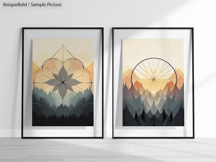 Two abstract geometric art prints in frames, featuring symmetrical mountain and sunburst designs in warm tones.