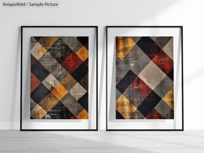 Two framed abstract artworks with geometric patterns in earthy tones, featuring grid-like designs on a white wall.