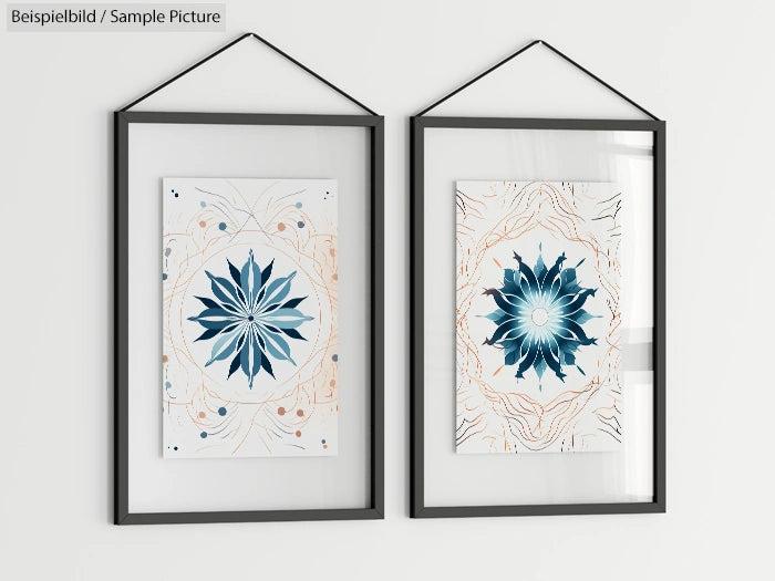 Two framed abstract art prints with blue floral motifs hanging on a white wall.