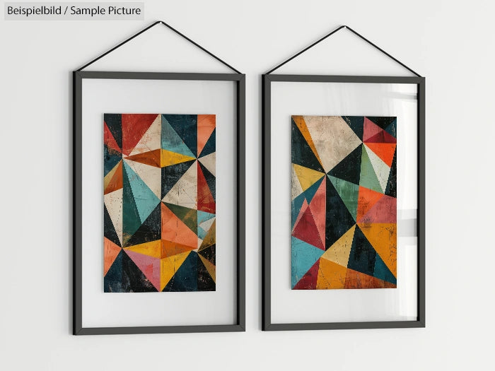 Two framed geometric abstract paintings with colorful triangles and polygons in modern style.