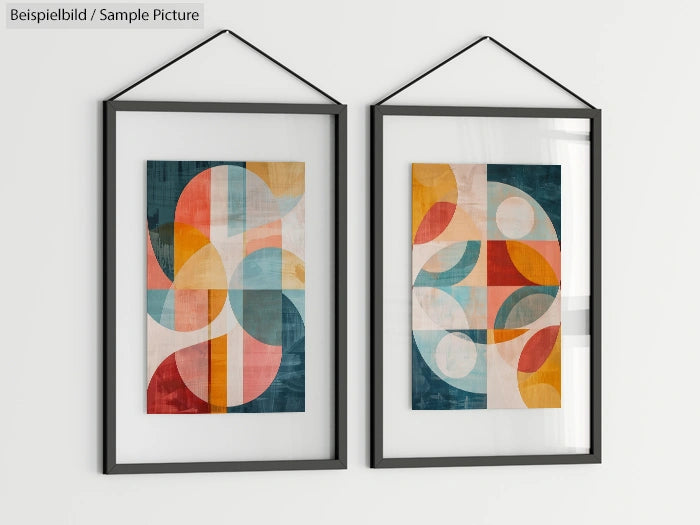 Two framed abstract paintings with colorful geometric shapes, including circles and curves, hung on a white wall.