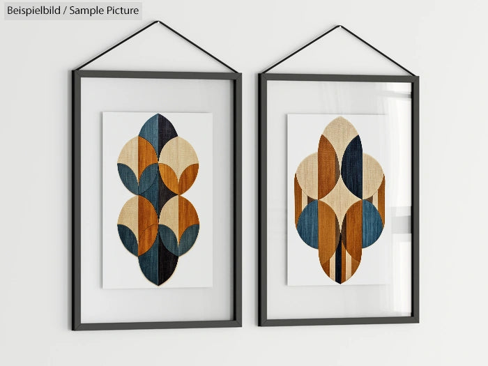 Two framed geometric art pieces with blue, brown, and beige patterns on a white wall.