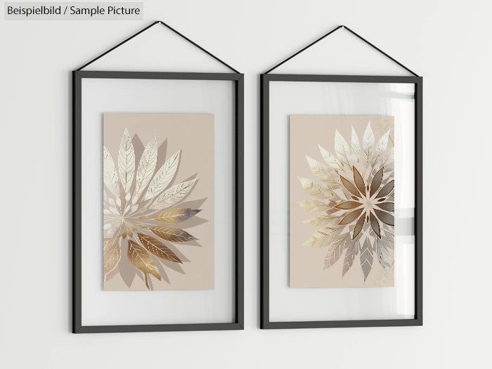 Two framed artworks with metallic leaf designs hanging on a white wall.