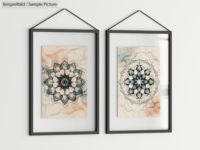 Two framed floral mandala artworks on a wall, featuring intricate black and white patterns with subtle watercolor accents.