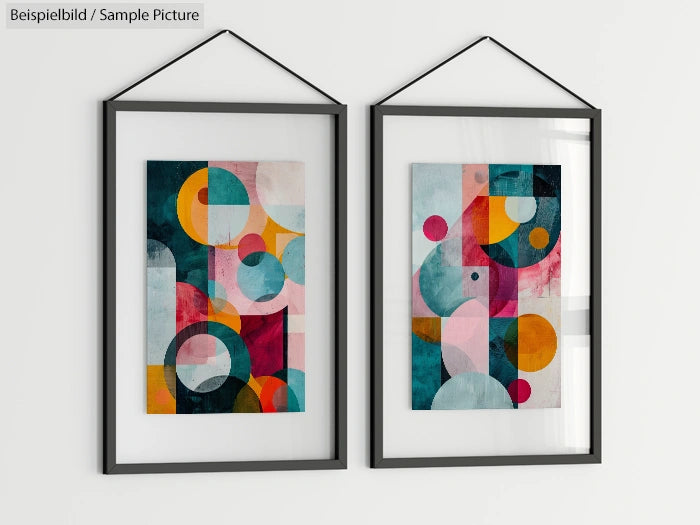 Two framed abstract paintings with colorful geometric shapes on a white wall.