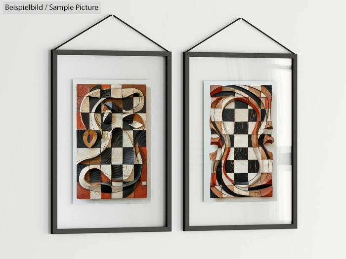 Two abstract paintings in black frames, each featuring geometric patterns and earth tones, hanging on a white wall.