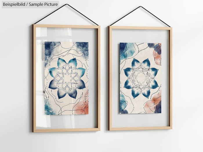 Two decorative wall art pieces with abstract floral designs in blue and red hues, each framed and hung vertically.