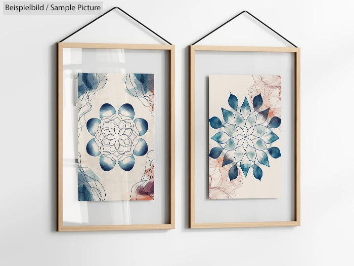 Two framed abstract floral prints with blue and red accents on a white wall.