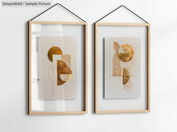 Two framed abstract art prints with geometric gold designs on a beige background, hanging on a white wall.