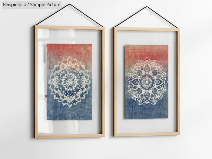 Two framed mandala artworks with red and blue gradient background hanging on a white wall.