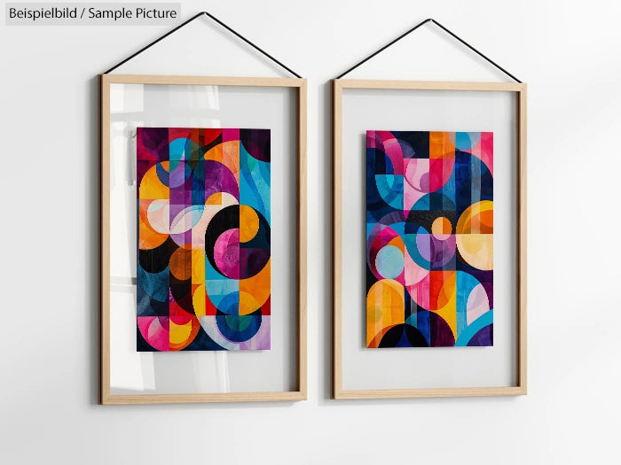 Wall with two framed abstract paintings featuring colorful geometric patterns and shapes in vibrant hues.