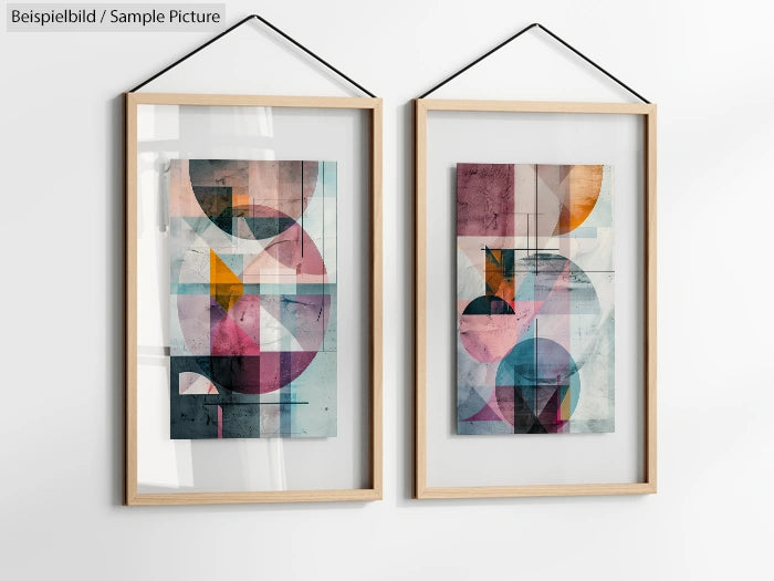 Two framed abstract geometric art pieces with pink, blue, and gray elements, hanging on a white wall.