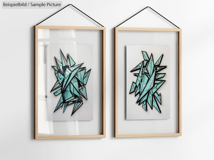 Two abstract geometric art pieces in wooden frames hanging on a wall.