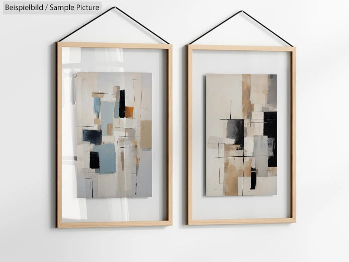 Two abstract paintings in wooden frames with geometric shapes in neutral tones, hung side by side against a white wall.