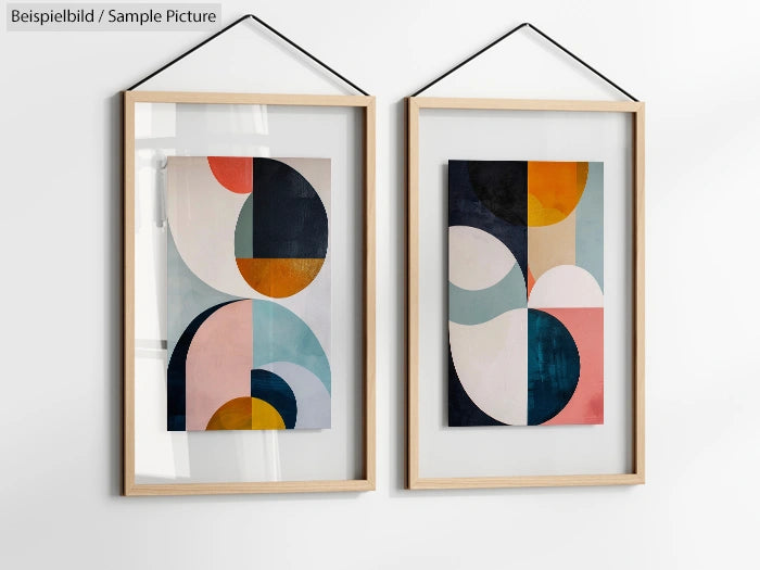 Two framed abstract paintings with geometric shapes and muted colors on a white wall.