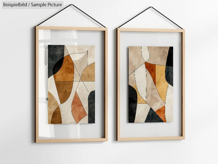 Two abstract paintings with geometric shapes in neutral tones, framed in light wood and hung on a white wall.