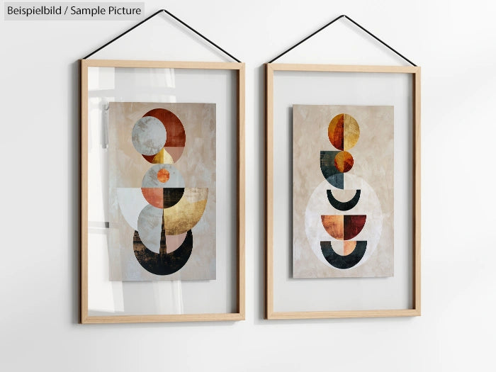 Two framed abstract paintings featuring geometric shapes in earthy tones, hung on a white wall.