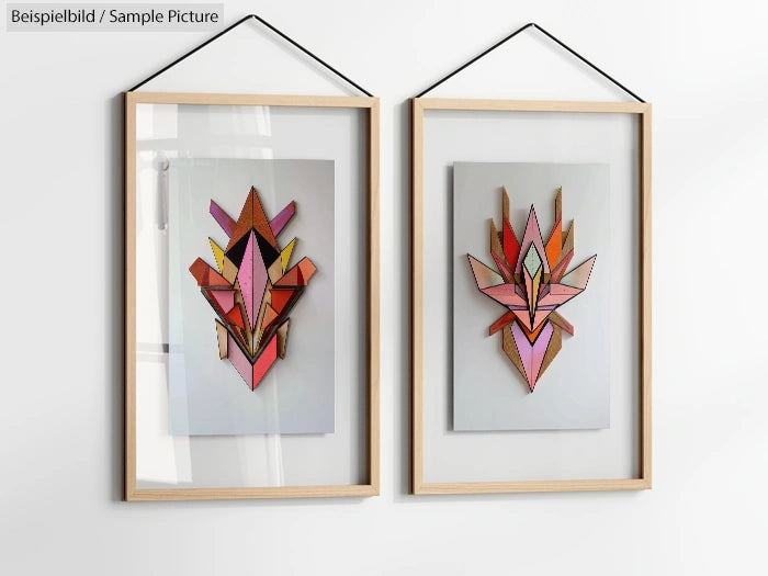 Two framed abstract geometric art pieces on a white wall with wooden frames, featuring vibrant colors and layered designs.