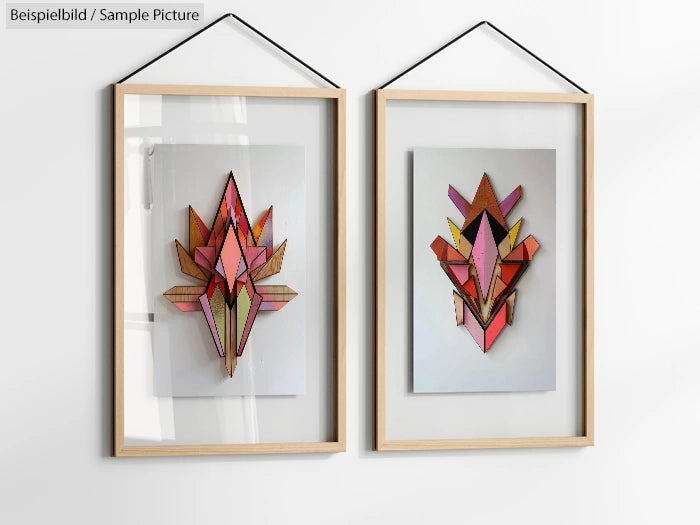 Two framed modern geometric art pieces with colorful 3D shapes on a white wall.