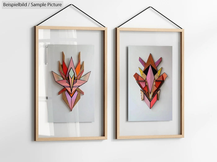 Two framed abstract artworks with geometric shapes in pink and orange tones hung on a white wall.