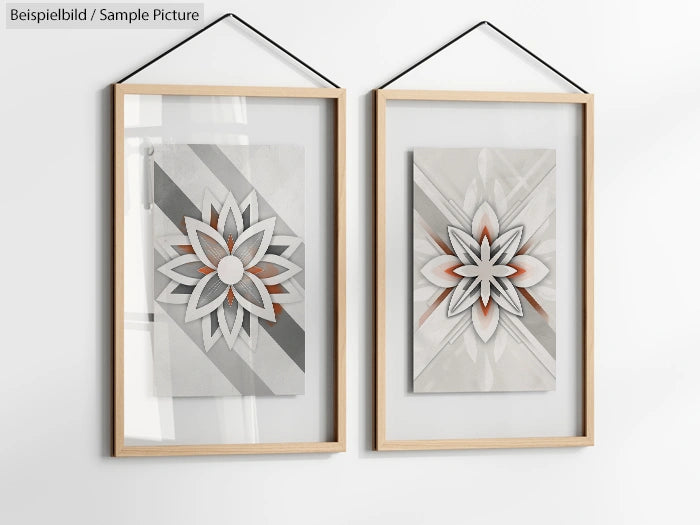 Two geometric floral artworks in wooden frames hanging on a wall.