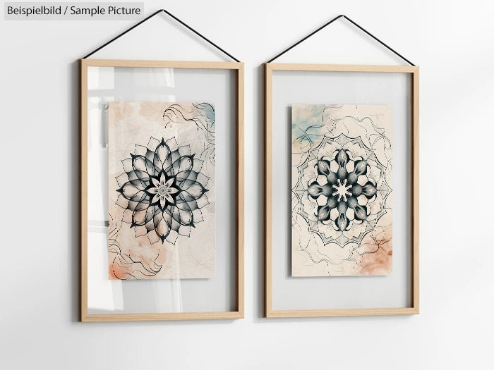 Two framed mandala artworks with intricate black and white designs, hanging on a white wall with wooden frames.