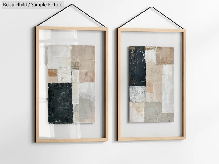 Two framed abstract paintings with neutral tones on a white wall.