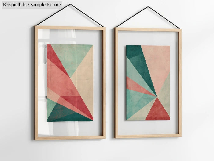 Two framed abstract geometric artworks with multicolored triangular shapes on a white wall.