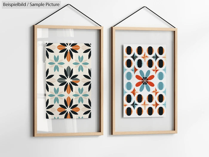 Two framed artworks with colorful geometric and floral patterns hanging on a white wall.