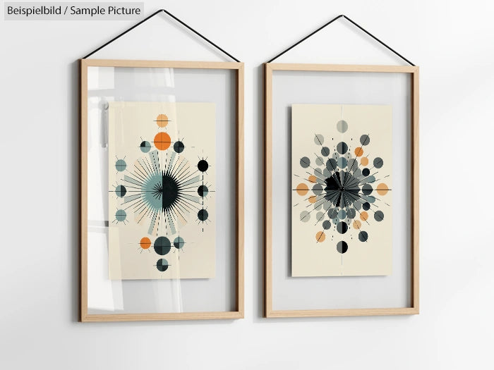 Two geometric abstract art prints with circular patterns in wooden frames, hanging on a white wall.