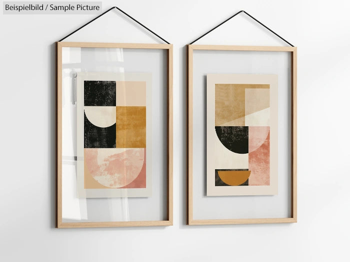 Two framed abstract geometric artworks with pastel colors, featuring half-circles and rectangles hanging on a white wall.