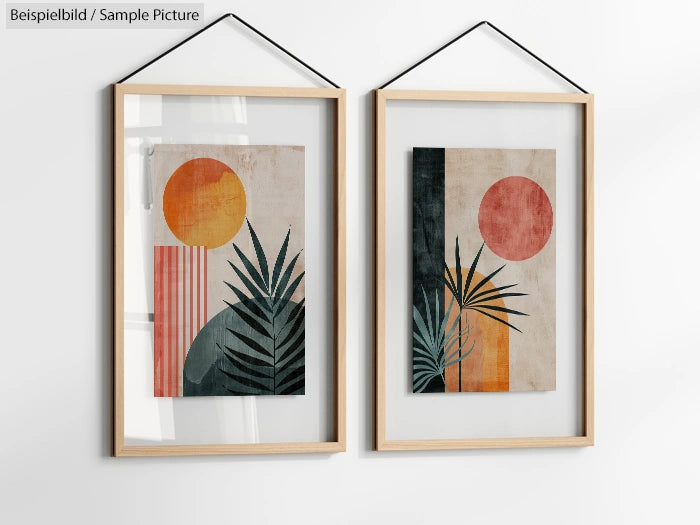 Two framed abstract art prints with geometric sun and leaves on a white wall.