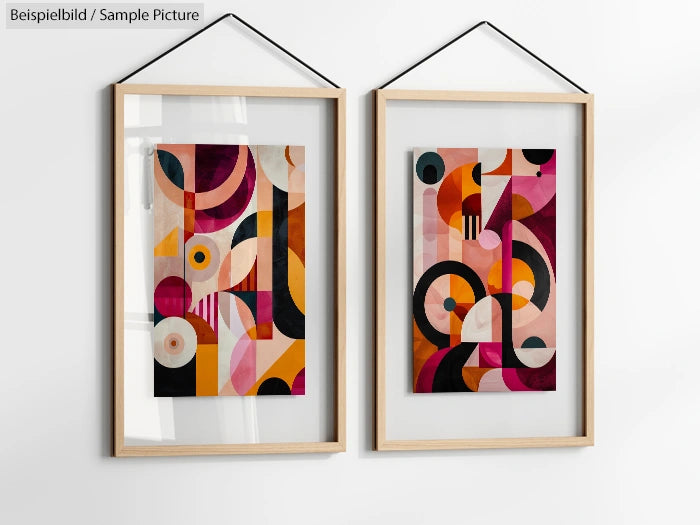 Two abstract geometric art pieces in wooden frames, featuring vivid circles and angles in red, orange, and black.