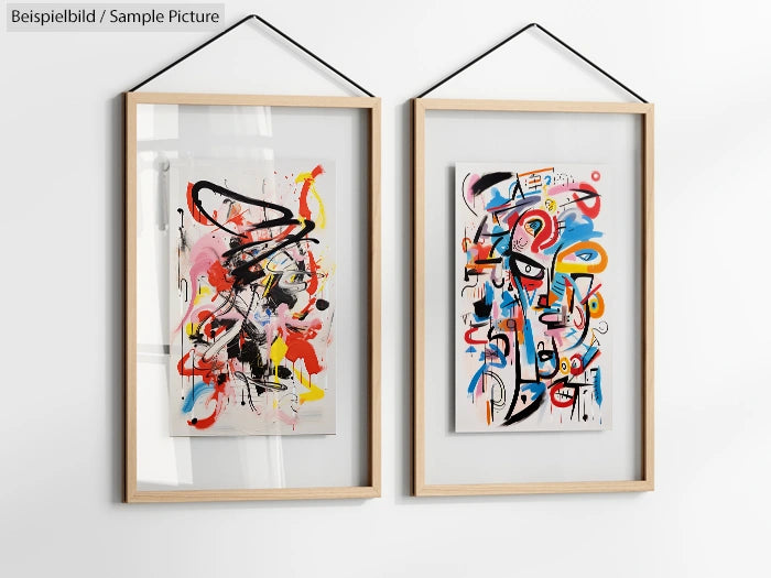 Two abstract paintings with colorful, expressive brushstrokes in wooden frames on a white wall.