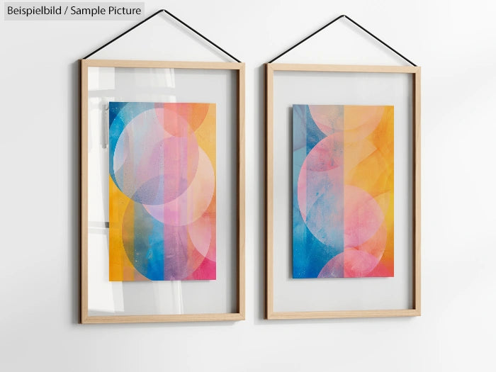 Two framed abstract paintings with colorful overlapping circles and gradients, hanging on a white wall.