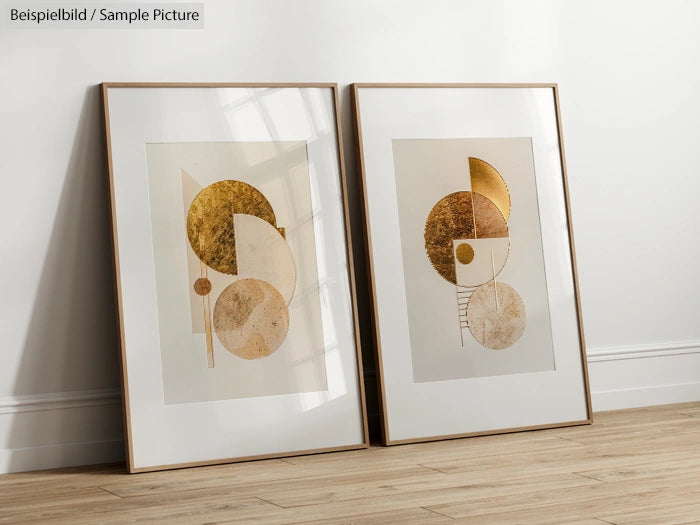 Two framed abstract geometric artworks with gold and brown tones on a wooden floor against a white wall.