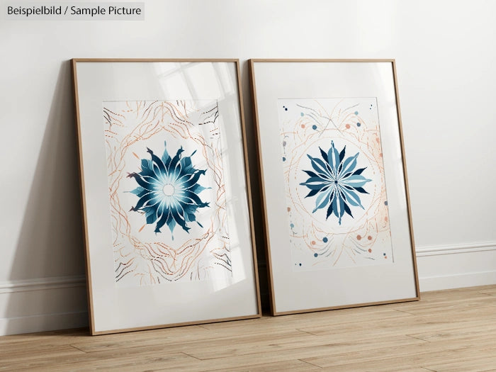 Two framed abstract mandala art prints in a minimalist room setting.