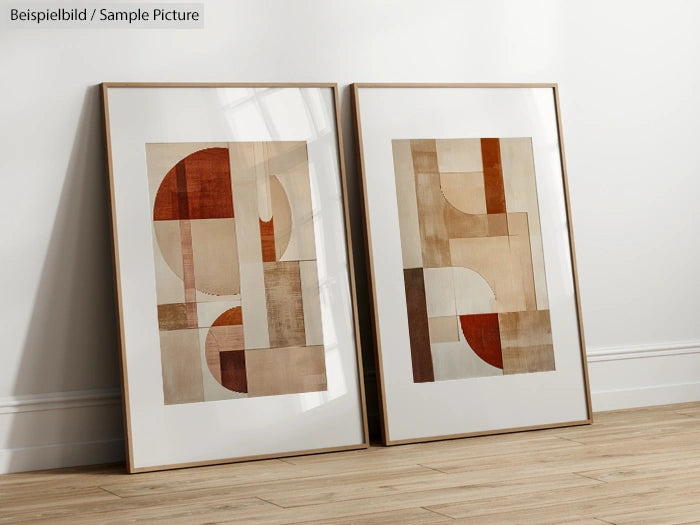 Two abstract geometric art pieces with earthy tones leaning against a wall on a wooden floor.