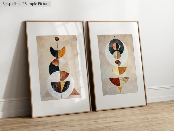 Two abstract geometric paintings in wooden frames leaning against a white wall on a wooden floor.