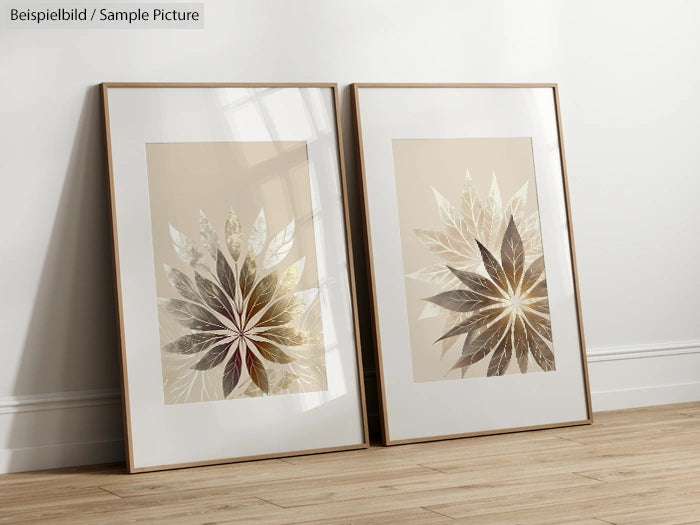 Two framed floral artworks leaning against a white wall in a minimalist setting.