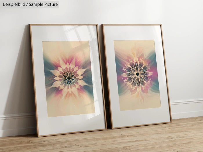 Two abstract floral prints in frames leaning against a white wall on wooden floor.