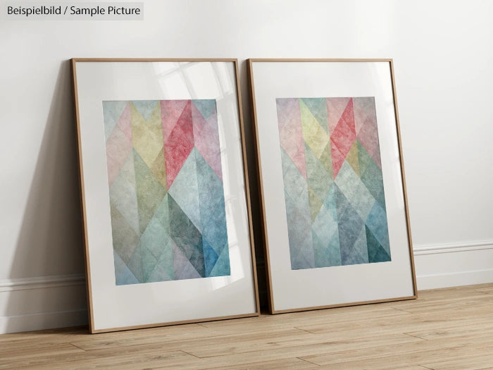 Two framed abstract geometric artworks with pastel color triangles on a wooden floor against a white wall.