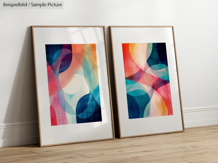 Two framed abstract paintings with colorful geometric patterns leaning against a white wall on wooden floor.