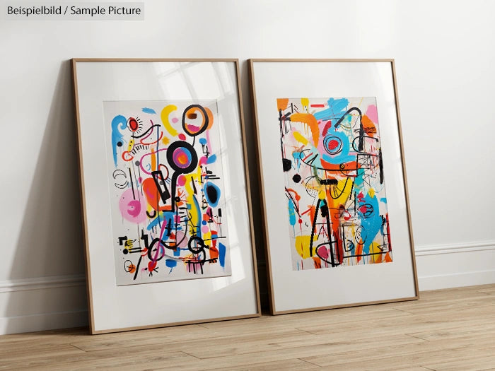 Two abstract paintings in wooden frames leaning against a white wall, featuring colorful geometric shapes and lines.