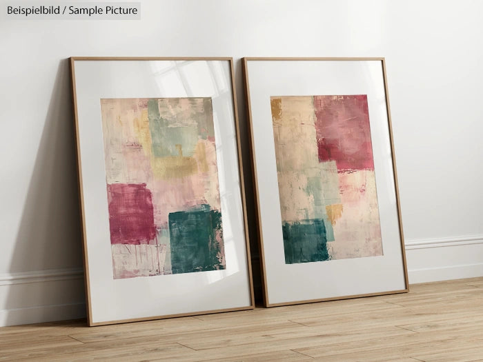 Two abstract paintings with pastel blocks of color in wooden frames on a wooden floor.