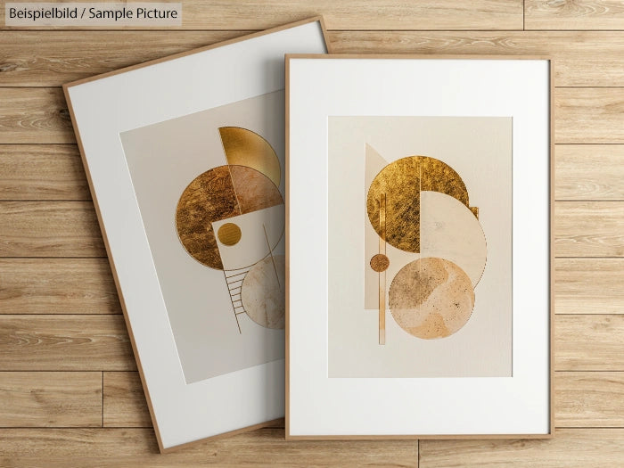 Two framed abstract art pieces with geometric shapes and gold accents on a wooden floor.