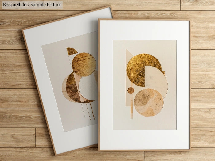 Two framed abstract paintings with geometric shapes and gold textures on a wooden floor.