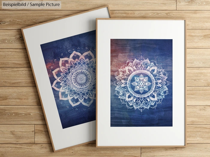 Two framed mandala artworks on wooden floor, featuring intricate blue and white designs.