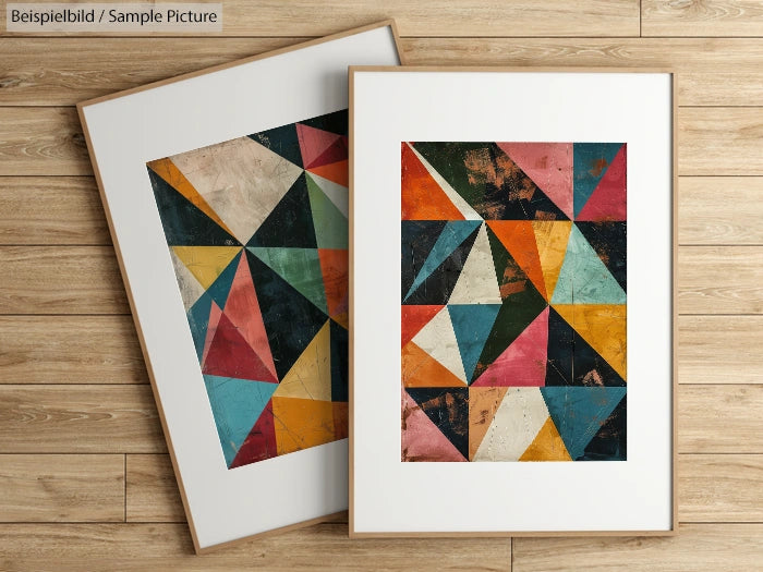 Two framed abstract geometric artworks with colorful triangles on a wooden floor.